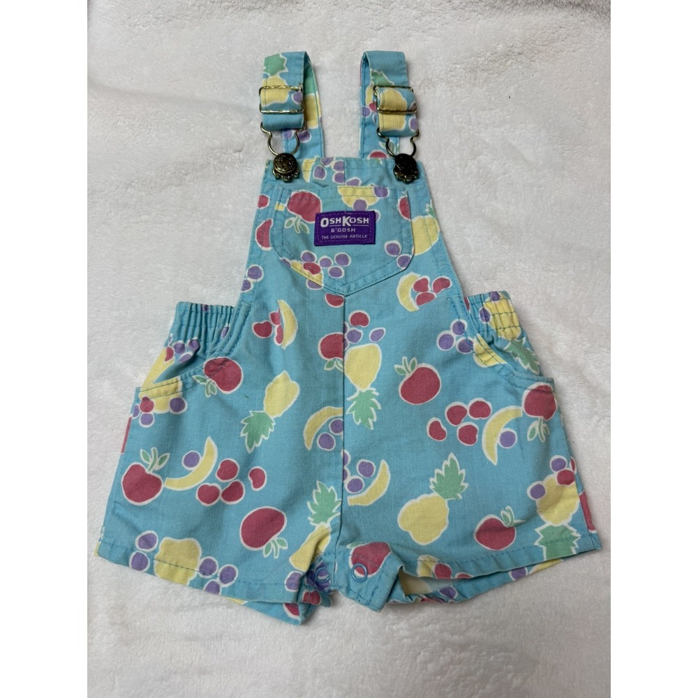 Vtg 80s OshKosh B'gosh Fruit Shortalls Baby Romper Blue Vestbak 6-9 Months